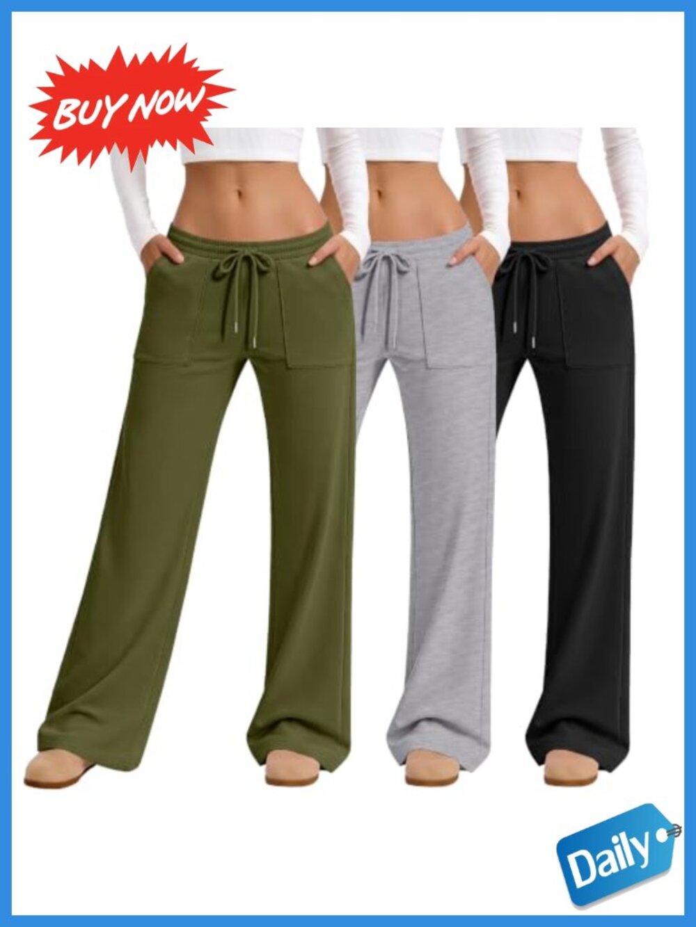 3 Pack Women's Wide Leg Sweatpants Low Rise Drawstring Pull On Pockets